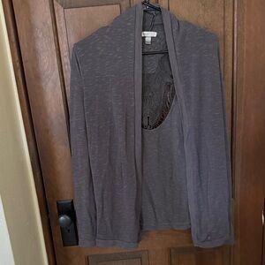 Brown Open Front Cardigan with Lace Detail